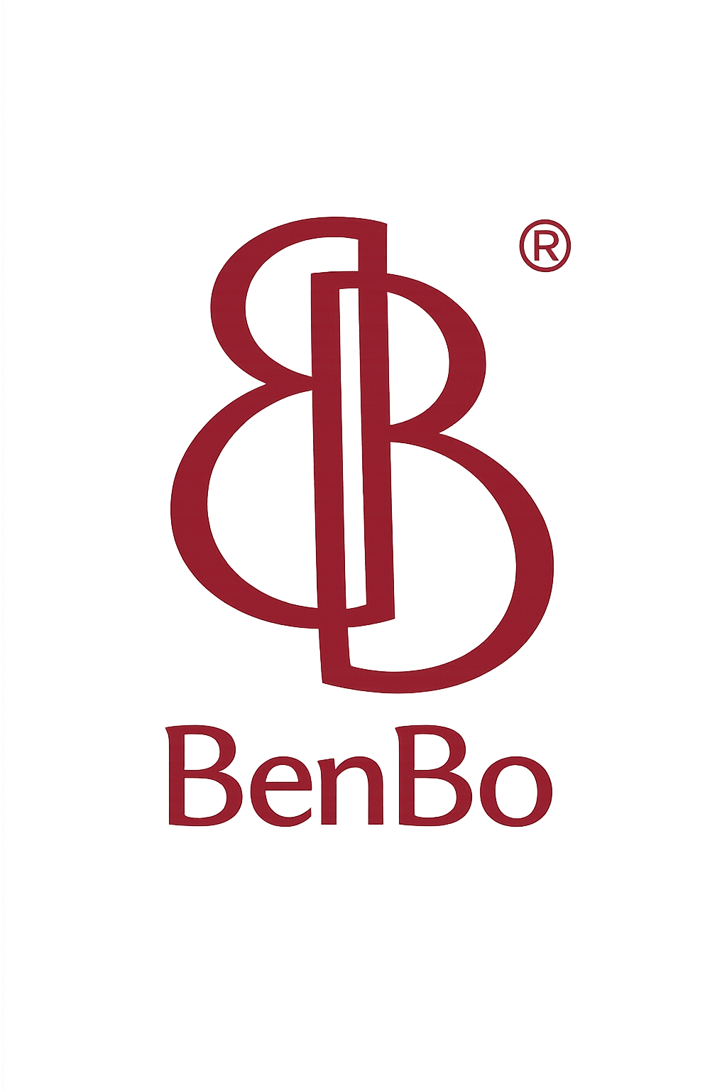 لوگوی BenBo با طراحی مونوگرام دو حرف B درهم‌تنیده به رنگ قرمز و نام برند BenBo در زیر لوگو