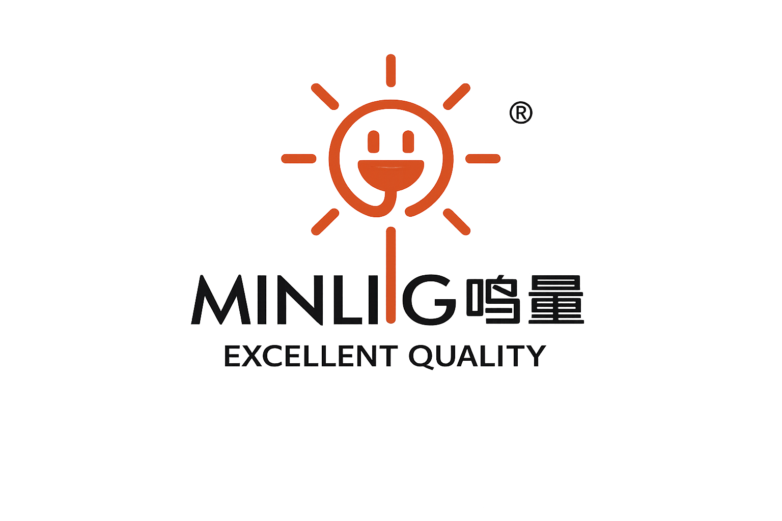 لوگوی MINLIG با نماد خورشید و دوشاخه خندان نارنجی به همراه نوشته MINLIG 鸣量 و شعار EXCELLENT QUALITY